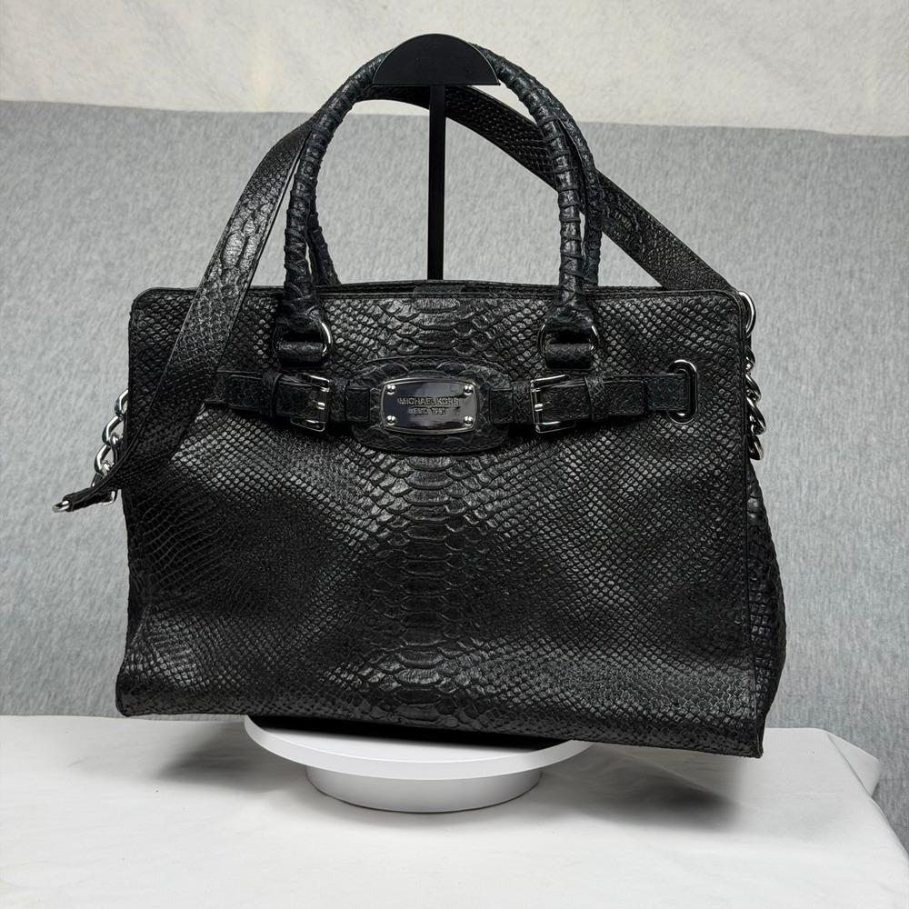 Michael Kors Hamilton Black Snakeskin Embossed Leather Satchel Handbag Silver HW